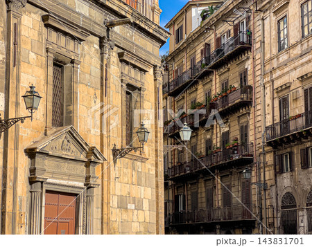 Palermo city buildings displaying historic sicilian architecture Palermo city buildings displaying historic sicilian architecture 143831701