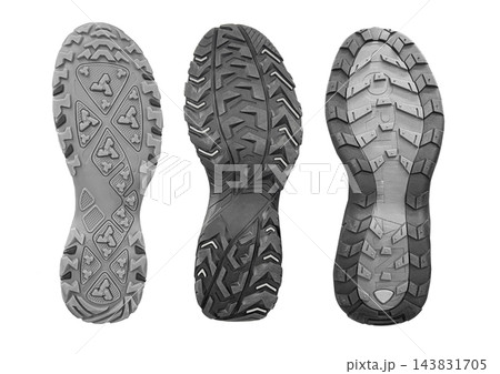 Three shoe soles with distinct rugged tread patterns Three shoe soles with distinct rugged tread patterns 143831705