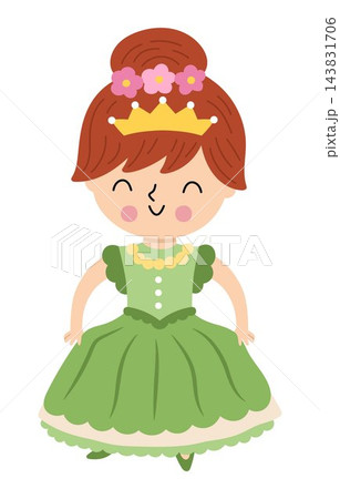 Vector little princess in green dress, crown making curtsy. Cute royal girl clipart isolated on white background. Fairytale female character. Magic kingdom icon. Fairy tale illustration with queen Vector little princess in green dress, crown making curtsy. Cute royal girl clipart isolated on white background. Fairytale female character. Magic kingdom icon. Fairy tale illustration with queen 143831706