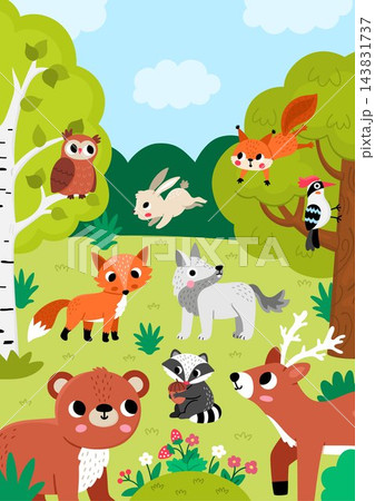 Vector forest animals and birds landscape. Woodland nature detailed scene with bear, fox, deer, wolf, squirrel, owl. Cute wildlife vertical background or book cover for kids with place for text Vector forest animals and birds landscape. Woodland nature detailed scene with bear, fox, deer, wolf, squirrel, owl. Cute wildlife vertical background or book cover for kids with place for text 143831737