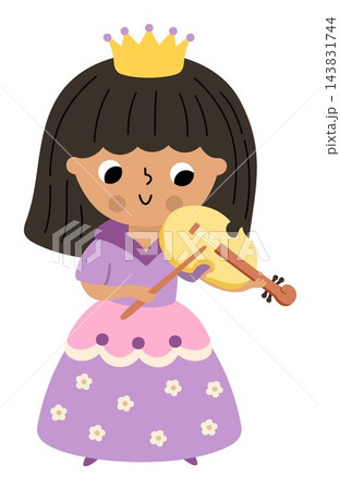 Vector little princess in purple dress, crown, playing violin. Cute royal girl clipart isolated on white. Fairytale female character. Magic kingdom icon. Fairy tale illustration with queen Vector little princess in purple dress, crown, playing violin. Cute royal girl clipart isolated on white. Fairytale female character. Magic kingdom icon. Fairy tale illustration with queen 143831744