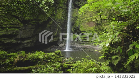 Tropical jungle waterfall flowing into a deep natural pool, surrounded by vibrant green moss, lush foliage, and ancient rock formations, creating a tranquil and untouched natural environment Tropical jungle waterfall flowing into a deep natural pool, surrounded by vibrant green moss, lush foliage, and ancient rock formations, creating a tranquil and untouched natural environment 143832022