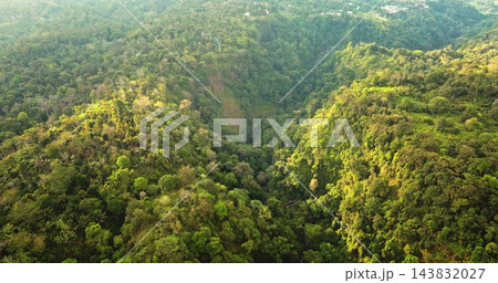 Aerial view tropical landscape discovering the Sendang Gile Waterfall valley, showcasing dense tropical rainforest thriving within the lush jungle landscape in Lombok, Indonesia. Drone flight 143832027