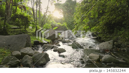 Stream flowing over moss covered boulders through lush tropical jungle and bamboo in Savusavu, Fiji, sunlight filtering through the canopy onto clear, tranquil waters. Natural background. Drone flight Stream flowing over moss covered boulders through lush tropical jungle and bamboo in Savusavu, Fiji, sunlight filtering through the canopy onto clear, tranquil waters. Natural background. Drone flight 143832244