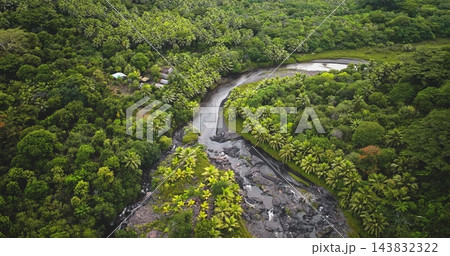 Winding river with black volcanic rocks and lush green jungle foliage forest leading to a small village near Port Resolution, Tanna Island, Vanuatu. Remote travel destination. Aerial view drone flight Winding river with black volcanic rocks and lush green jungle foliage forest leading to a small village near Port Resolution, Tanna Island, Vanuatu. Remote travel destination. Aerial view drone flight 143832322
