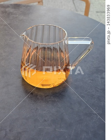 Overhead view of glass teapot filled with golden tea Overhead view of glass teapot filled with golden tea 143833969