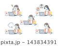 パソコンで働く女性会社員の表情・ポーズ5種セット｜電球、吹き出し、ヘッドセット、ノートPC 143834391