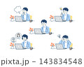 パソコンで働く男性会社員の表情・ポーズ5種セット｜電球、吹き出し、ヘッドセット、マグカップ 143834548
