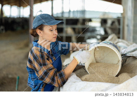 Woman in overalls pours dry feed for cows into a bucket. Work on farm Woman in overalls pours dry feed for cows into a bucket. Work on farm 143834813