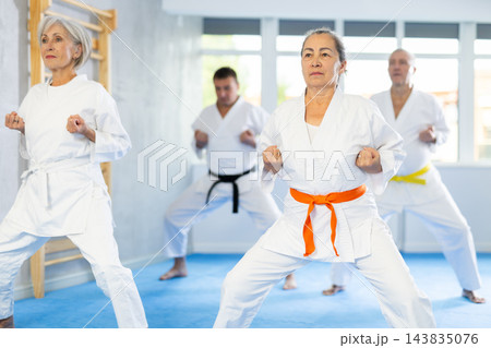 Diligent elderly women and men attendee of karate classes practicing kata standing in row with others in sports gym Diligent elderly women and men attendee of karate classes practicing kata standing in row with others in sports gym 143835076