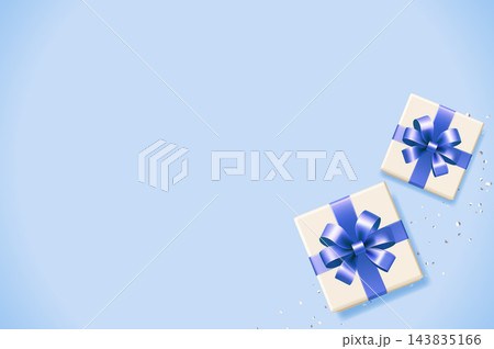 爽やかな水色背景と青いリボンのギフトボックスの俯瞰背景イラスト 143835166