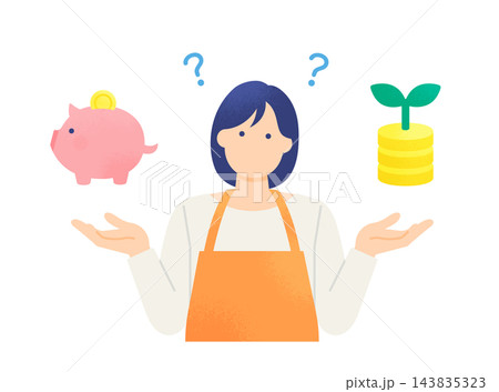 貯金か投資かで考える主婦 豚の貯金箱と芽の出たコインを手のひらに乗せる人物のイラスト素材 貯金か投資かで考える主婦 豚の貯金箱と芽の出たコインを手のひらに乗せる人物のイラスト素材 143835323
