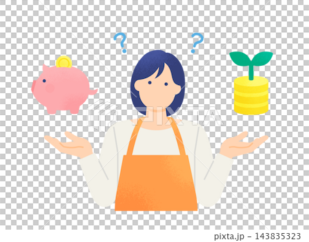 貯金か投資かで考える主婦 豚の貯金箱と芽の出たコインを手のひらに乗せる人物のイラスト素材 貯金か投資かで考える主婦 豚の貯金箱と芽の出たコインを手のひらに乗せる人物のイラスト素材 143835323