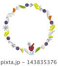 Round frame of hand drawn mulled wine glass cup with spices, citrus slices and berries around Sample. Isolated Vector illustration with a blank center and a circular border for menu, gift tag or cards 143835376