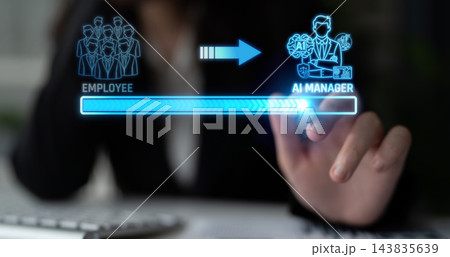 Transition from Employee to AI Manager: A Digital Illustration of Workforce Evolution and Technology Integration in Modern Business. Liminal Transition from Employee to AI Manager: A Digital Illustration of Workforce Evolution and Technology Integration in Modern Business. Liminal 143835639