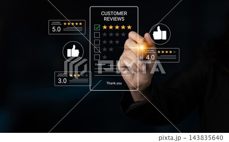 Hand writing customer feedback on transparent screen with star ratings and thumbs up symbols representing reviews and ratings for services or products. Glyphic 143835640