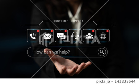 Customer Support Concept with Modern Technology Icons and Inquiry Text on Black Background for Digital Marketing and Service Communication. Nascent Customer Support Concept with Modern Technology Icons and Inquiry Text on Black Background for Digital Marketing and Service Communication. Nascent 143835644