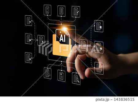 Digital Interaction with Artificial Intelligence Folder Icon Representing Data Management and Technology in a Modern Virtual Environment. Glyphic Digital Interaction with Artificial Intelligence Folder Icon Representing Data Management and Technology in a Modern Virtual Environment. Glyphic 143836515