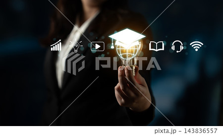 Businesswoman Holding Light Bulb with Educational Icons Symbolizing Innovation, Learning, and Technology in a Professional Setting. Sentient 143836557