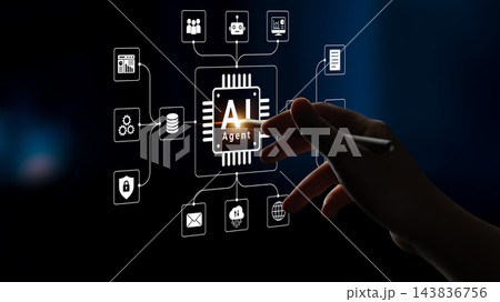 Modern Hand Interacting with Digital AI Representation Displaying Connections to Various Data and Technologies. Glyphic 143836756