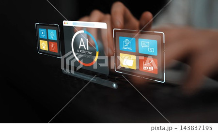 Futuristic Digital Interface with AI Assistant and Interactive Graphics Showcasing Technology in Modern Workspace for Business Solutions Gluon 143837195