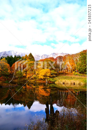 紅葉の秘境秋山郷天池・冠雪の鳥甲山 紅葉の秘境秋山郷天池・冠雪の鳥甲山 143837215