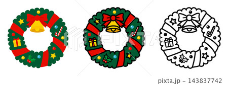 クリスマスリースのイラストセット ポップでかわいいクリスマス クリスマスリースのイラストセット ポップでかわいいクリスマス 143837742