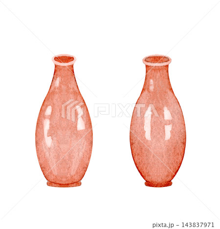 Two terracotta ceramic vases watercolor illustration set in warm peach and reddish brown tones. Minimalist pottery hand painted elements isolated on white perfect for home decor and floral designs Two terracotta ceramic vases watercolor illustration set in warm peach and reddish brown tones. Minimalist pottery hand painted elements isolated on white perfect for home decor and floral designs 143837971