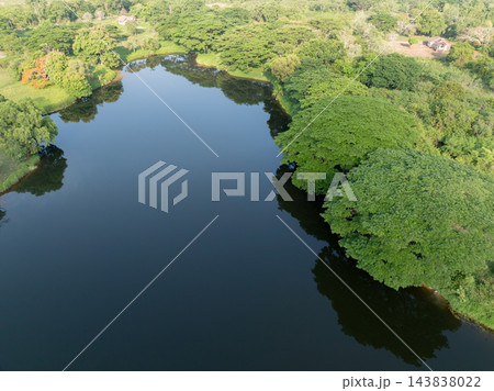 Peaceful lake among lush tropical forest with open water. Freshwater sustainability, biodiversity and natural carbon storage. Water conservation, ecosystem protection and climate resilience in nature. 143838022