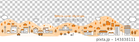 簡潔的橙色城市景觀插畫，背景是秋色斑斕的山脈。白色背景。適用於網頁橫幅廣告。 143838111
