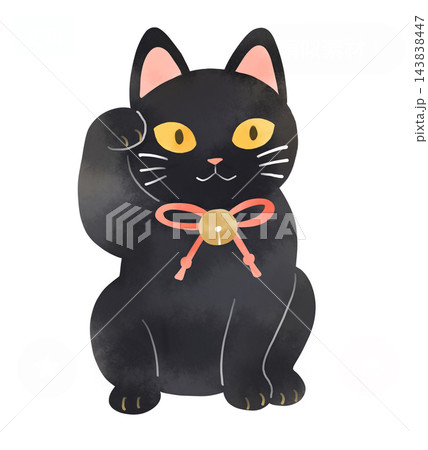黒猫の招き猫 手描き水彩風の和風イラスト 黒猫の招き猫 手描き水彩風の和風イラスト 143838447