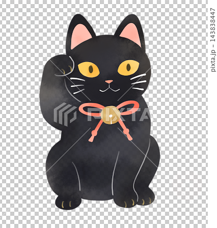 黒猫の招き猫 手描き水彩風の和風イラスト 黒猫の招き猫 手描き水彩風の和風イラスト 143838447