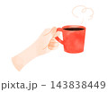 赤いマグカップに入ったコーヒーを持つ手　水彩風シンプルイラスト 143838449