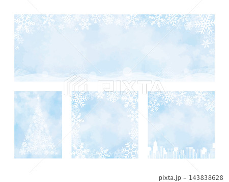 水彩風の冬の雪の結晶素材セット 華やかなクリスマスバナーとツリーの背景テンプレート 143838628