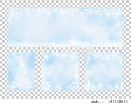 水彩風の冬の雪の結晶素材セット 華やかなクリスマスバナーとツリーの背景テンプレート 143838628