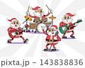 Music band with Santa claus retro 1930s style rubber hose cartoon characters set for Christmas design, featuring playing musical instruments like guitar, bass, drums. Vector illustration 143838836