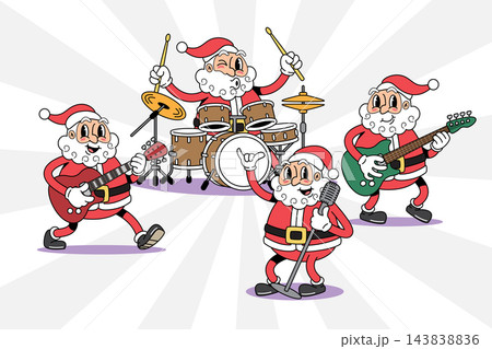 Music band with Santa claus retro 1930s style rubber hose cartoon characters set for Christmas design, featuring playing musical instruments like guitar, bass, drums. Vector illustration Music band with Santa claus retro 1930s style rubber hose cartoon characters set for Christmas design, featuring playing musical instruments like guitar, bass, drums. Vector illustration 143838836