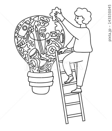 Person Assembling Idea Light Bulb Puzzle. Linear Doodle. Character on Ladder Building Business Strategy and Innovation. Vector Illustration. Outline Hand Drawn. Success and Complete Project Work 143838845