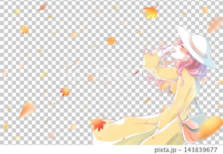 A woman smiles, looking upwards as the wind blows; she is wearing a hat and surrounded by autumn leaves. 143839677