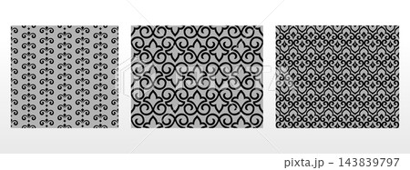 Geometric floral set of seamless patterns. Gray and black vector backgrounds. Damask graphic ornaments 143839797