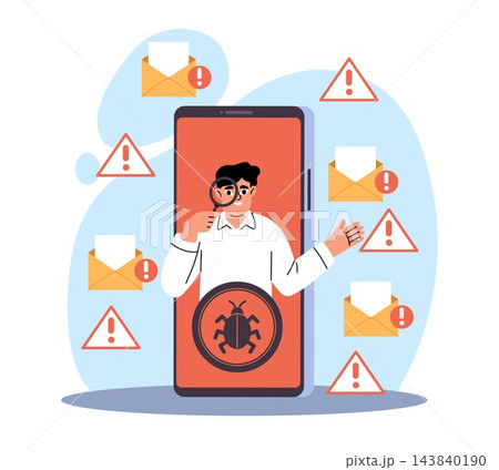 Phishing email detection. Mobile malware scan, cyber threat alerts and smartphone security, cybersecurity monitoring, digital control, antivirus firewall, vector cartoon isolated concept 143840190