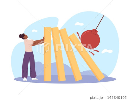 Risk management. Domino effect prevention and business crisis control, crisis prevention, strategy planning, employee worker collapse problem operations stop vector cartoon isolated concept 143840195