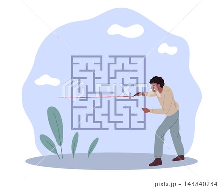 Business problem solving. Strategic thinking, featuring man analyzing maze to find right solution, achieve goal, man solving maze, process analysis planning, vector cartoon isolated concept Business problem solving. Strategic thinking, featuring man analyzing maze to find right solution, achieve goal, man solving maze, process analysis planning, vector cartoon isolated concept 143840234