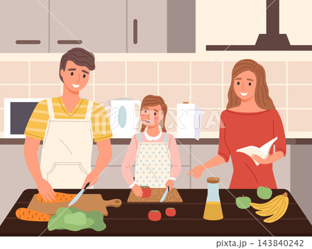 Family cooking in kitchen. Adults and child...のイラスト素材 [143840242] - PIXTA