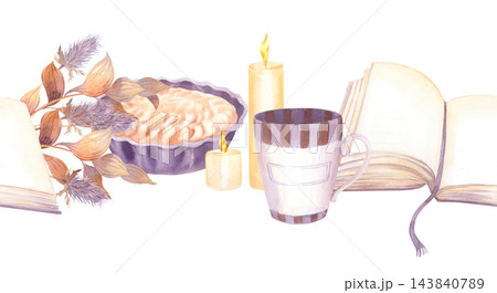Watercolor seamless border still life with open books striped mug candles and small fruit tart painting scene for cozy reading and breakfast moments with dried thistle foliage 143840789