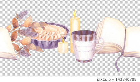 Watercolor seamless border still life with open books striped mug candles and small fruit tart painting scene for cozy reading and breakfast moments with dried thistle foliage 143840789