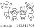 ジャンプして喜ぶ4人家族 親子 子ども 男女の線画イラスト 143841706