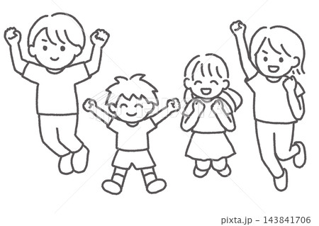 ジャンプして喜ぶ4人家族 親子 子ども 男女の線画イラスト ジャンプして喜ぶ4人家族 親子 子ども 男女の線画イラスト 143841706