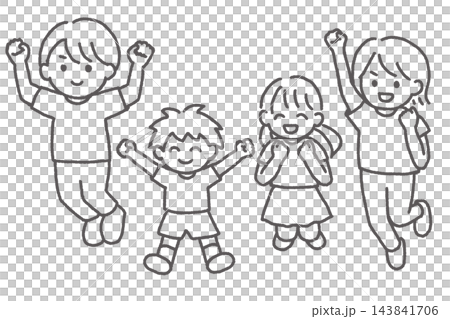 ジャンプして喜ぶ4人家族 親子 子ども 男女の線画イラスト ジャンプして喜ぶ4人家族 親子 子ども 男女の線画イラスト 143841706