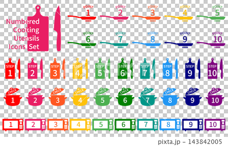 Cooking utensil silhouettes, icon set with numbers, in color. 143842005